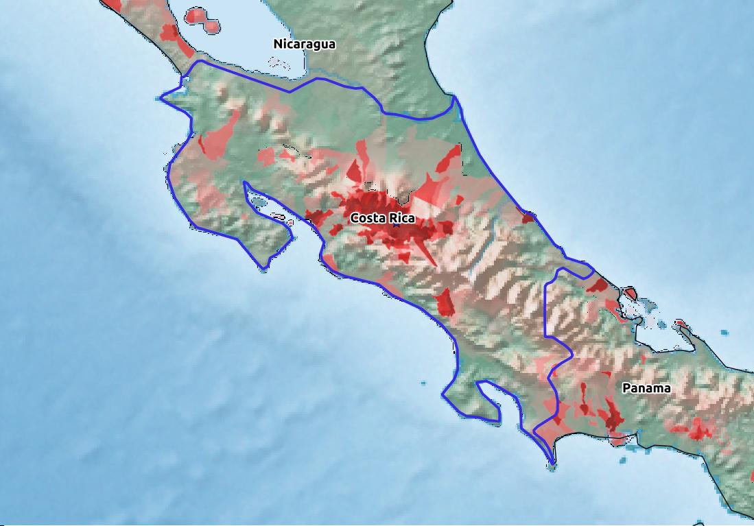 Map of Costa Rica with world location, topography, capital city, and nearby major cities.